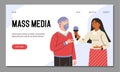Vector web banner with tv journalist takes interviews broadcasting breaking news