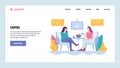 Vector web site gradient design template. Two girls drink coffee in cafe, lunch break. Landing page concepts for website