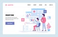 Vector web site linear art design template. Front end development team using futuristic dashboard and analyze data