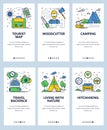 Vector web site linear art onboarding screens template. Outdoor travel, hiking and camping. Woodcutter, tourist map and