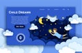 Vector web site paper art design template. Child touching the stars in the sky. Kids dream. Landing page illustration