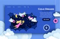 Vector web site paper art design template. Child touching the stars in the sky. Kids dream. Landing page illustration