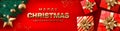 Vector website header or banner Christmas template with red background. Realistic Christmas tree branch with lights, decorations,