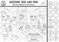 Vector wedding black and white searching game with marriage scene. Spot hidden objects in the picture. Seek and find printable