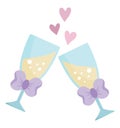 Vector wedding clinking glasses with purple bow and sparkling drink. Cute marriage symbol clipart element for bride, groom. Just Royalty Free Stock Photo