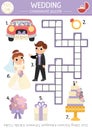 Vector wedding crossword puzzle for kids. Simple marriage ceremony quiz for children. Matrimony educational activity with bride