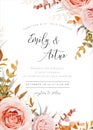 Vector wedding floral invite card design in warm fall, winter tones. Pink, blush peach Rose flowers, taupe, brown beige, orange