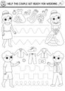 Vector wedding handwriting practice worksheet with bride and groom and clothes. Tracing game or black and white coloring page for Royalty Free Stock Photo