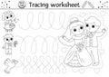 Vector wedding handwriting practice worksheet. Marriage ceremony printable black and white activity for preschool kids. Tracing
