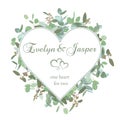 Vector wedding invitation flyer. Square valentine heart frame with set branches and leaves eucalyptus gunnii, silver dollar,