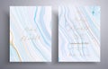 Vector wedding invitation with marble pattern. Golden, blue and white overflowing colors. Beautiful cards that can be