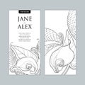 Vector wedding invitation with outline bouquet Calla lily flower or Zantedeschia in black and white. Royalty Free Stock Photo