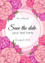 Vector wedding invitations with pink peony rose and tulip flowers on pink background. Romantic tender floral design for wedding Royalty Free Stock Photo