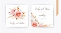 Vector wedding invite card, design. Blush peach flowers, ivory white Rose, autumn brown, beige, orange, sepia Eucalyptus branches