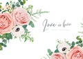 Vector wedding invite card, greeting, banner, poster floral design. Blush peach roses, white anemone, wax flower, lilac branch, Royalty Free Stock Photo