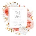 Vector wedding invite card, invitation design. Blush peach, ivory white Roses, pale coral flowers, autumn brown, beige, red,