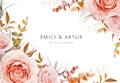 Vector wedding invite card, poster, banner design. Warm fall colors. Pink, blush peach Rose flowers, autumn brown beige, orange