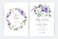 Vector, wedding invite card template set. Watercolor style, purple, violet, white garden rose flowers, helleborum, lisanthus,