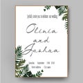 Vector wedding invite invitation save the date floral card design. Green fern, forest leaves herbs,