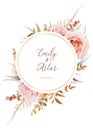 Vector wedding invite, save the date card design. Blush peach rose flowers, autumn brown beige, dusty orange Eucalyptus branches