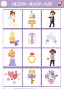 Vector wedding memory game cards with cute symbols. Marriage ceremony matching activity. Remember and find correct card. Simple Royalty Free Stock Photo