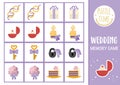 Vector wedding memory game cards with cute traditional symbols. Marriage ceremony matching activity. Remember and find correct Royalty Free Stock Photo