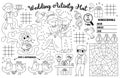 Vector wedding placemat for kids. Marriage ceremony printable activity mat with maze, tic tac toe charts, connect the dot, find