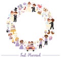 Vector wedding round frame with just married couple. Marriage ceremony wreath for banners, invitations. Cute matrimonial