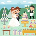 Vector wedding scene with cute just married couple. Marriage ceremony landscape with bride and groom. Husband and wife cutting the