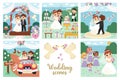 Vector wedding scenes set. Cute just married couple. Marriage ceremony landscapes with bride and groom. Husband, wife cutting cake Royalty Free Stock Photo