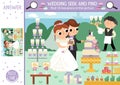 Vector wedding searching game with marriage ceremony scene. Spot hidden macarons in the picture. Simple seek and find educational