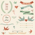 Vector wedding set with birds, hearts, arrows, ribbons, wreaths, flowers, bows, laurel. Royalty Free Stock Photo