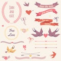 Vector wedding set with birds, hearts, arrows, ribbons, wreaths, flowers, bows, laurel. Royalty Free Stock Photo