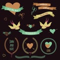 Vector wedding set with birds, hearts, arrows, ribbons, wreaths, flowers, bows, laurel. Royalty Free Stock Photo