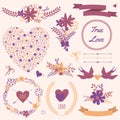 Vector wedding set with bouquets, birds, hearts, arrows, ribbons