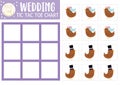 Vector wedding tic tac toe chart with bride and groom birds. Marriage ceremony board game playing field with cute characters.