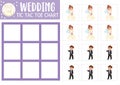 Vector wedding tic tac toe chart with bride and groom. Marriage ceremony board game playing field with cute characters. Funny