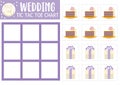 Vector wedding tic tac toe chart with present and cake. Marriage ceremony board game playing field with cute objects. Funny family