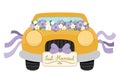 Vector wedding yellow car decorated with purple flowers and ribbons. Honeymoon automobile with just married plate. Cute marriage Royalty Free Stock Photo