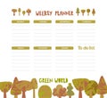 Vector weekly planner with dinosaurs, trees in cartoon style and cute elements
