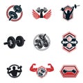 Vector weightlifting theme illustrations collection made using dumbbells, barbells and disc weights sport equipment. Strong man