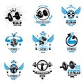 Vector weightlifting theme logotypes and inspirational leaflets