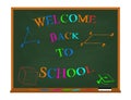 Vector welcome back to school colorful lettering on chalkboard with geometric figures. Isolated on white.