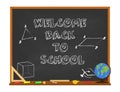 Vector welcome back to school concept with chalkboard and school supplies. Isolated on white background. Royalty Free Stock Photo