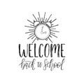 Vector Welcome Back To School handwritten illustration with alarm clock drawing. Knowledge day design concept. Royalty Free Stock Photo