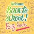 Vector Welcome Back To School Lettering Big Sale. Hand drawn illustration on yellow background. Royalty Free Stock Photo