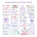 Vector western europe colour travel visa stamps set