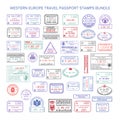 Vector western europe colour travel visa stamps set