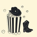 Vector Western movies. Cartoon image of popcorn bucket with cowboy\'s hat Royalty Free Stock Photo