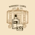 Vector whiskey illustration. Logo,label with sketched wooden barrel, bottle, glass for restaurant,bar,cafe menu concept. Royalty Free Stock Photo